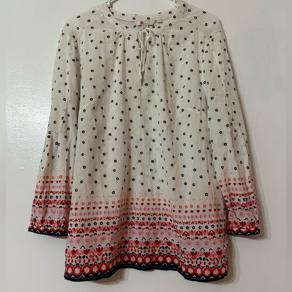Boden Tops Women’s Boho Red Blue Floral Gauzy Cotton Blouse Tassel Shirt